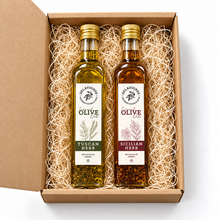 Load image into Gallery viewer, Tuscan Herb and Sicilian Herb olive oils in open gift box