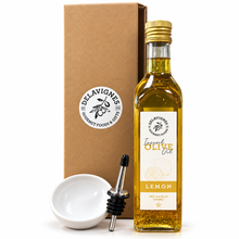 Load image into Gallery viewer, Delavignes Lemon Infused Olive Oil Gift Box with dipping bowl and pour spout